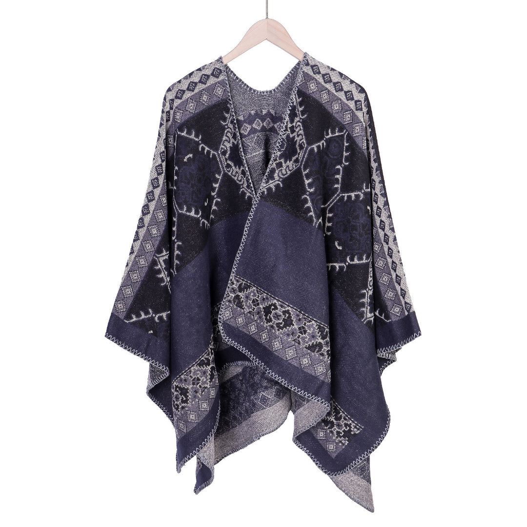 Damen Oversize-Ruana-Poncho aus Jacquardgewebe mit asymmetrischem Zipfelrand und ornamentaler Bordüre Shop Nory