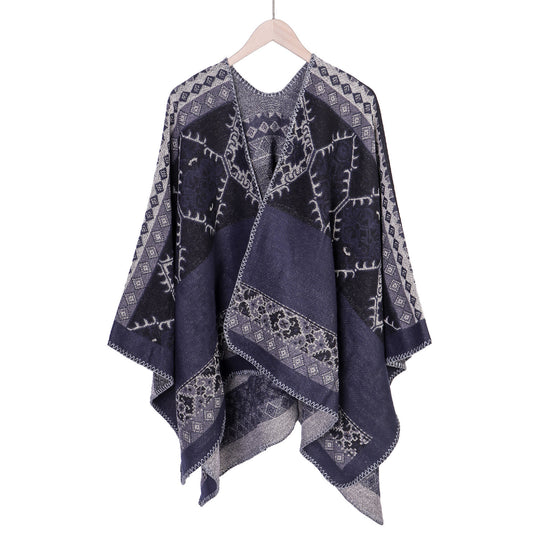 Damen Oversize-Ruana-Poncho aus Jacquardgewebe mit asymmetrischem Zipfelrand und ornamentaler Bordüre Shop Nory