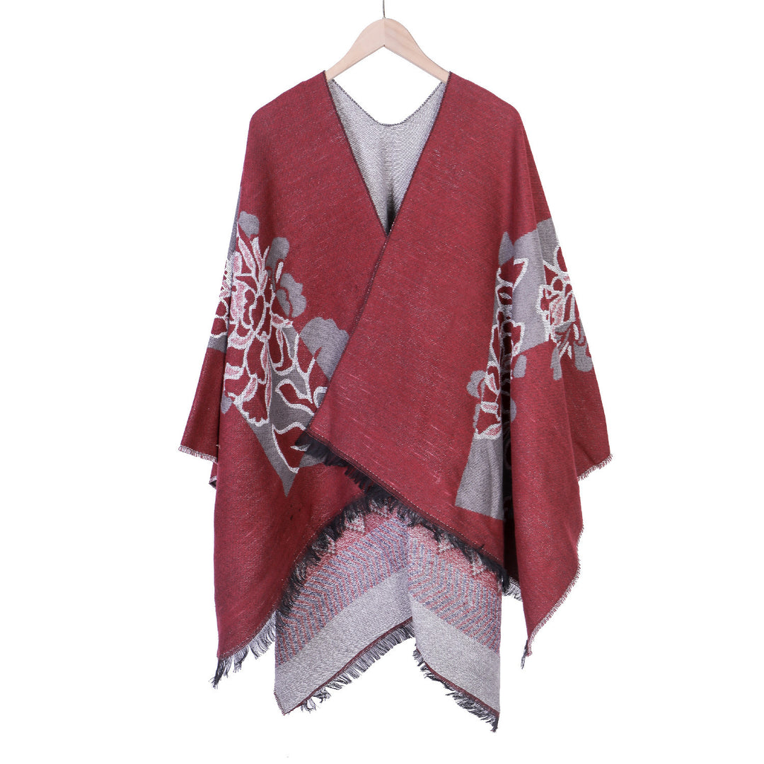Damen Jacquard‑Ruana mit floralem Motiv, doppellagig und Fransensaum Shop Nory