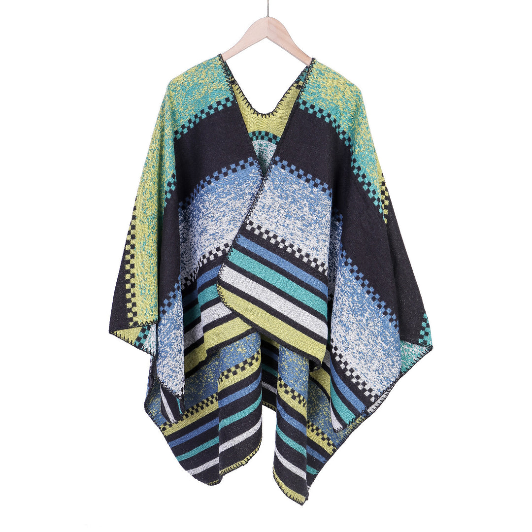 Damen Jacquard-Ruana Poncho im Oversize mit grafischem Streifen- und Ornamentmuster Shop Nory