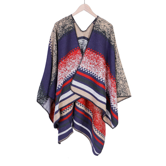 Damen Jacquard-Ruana Poncho im Oversize mit grafischem Streifen- und Ornamentmuster Shop Nory