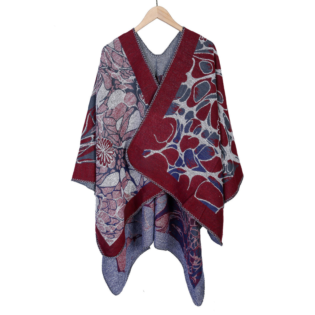 Damen Jacquard-Ruana-Poncho mit kontrastiertem Schalkragen und asymmetrischem Zipfelrand Shop Nory