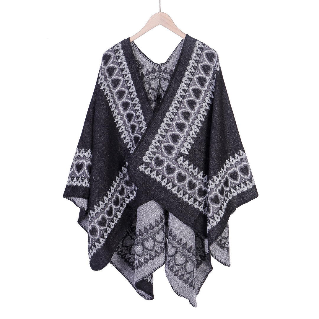 Damen Ruana im Kaschmir‑Touch mit Herz‑Jacquard und offenem V‑Fall Shop Nory