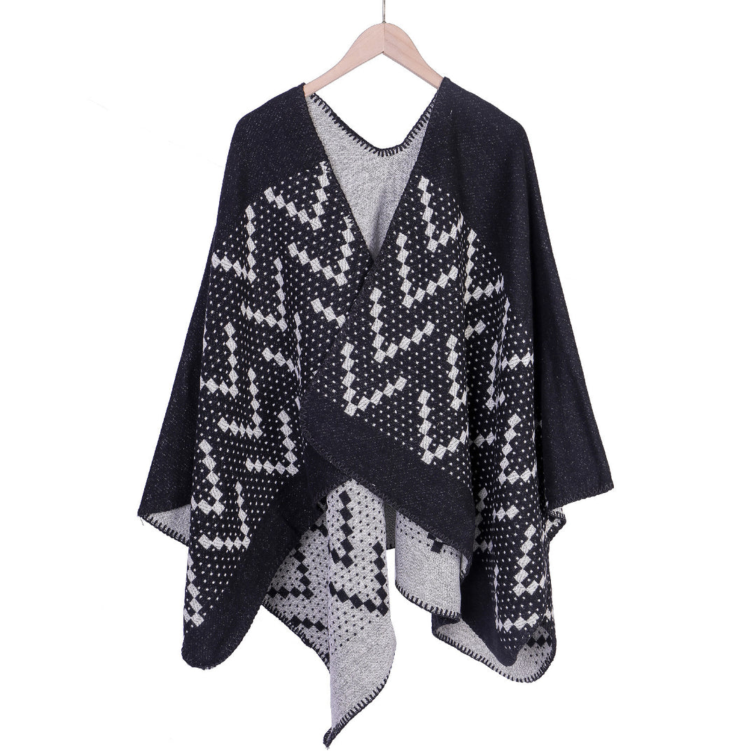 Damen Jacquard-Wickelruana mit geometrischem Muster und offener Kimono‑Silhouette Shop Nory