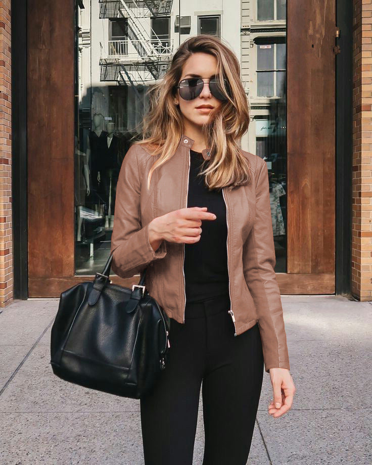 Damen nan taillierte Lederjacke mit Stehkragen und verdecktem Reißverschluss Shop Nory