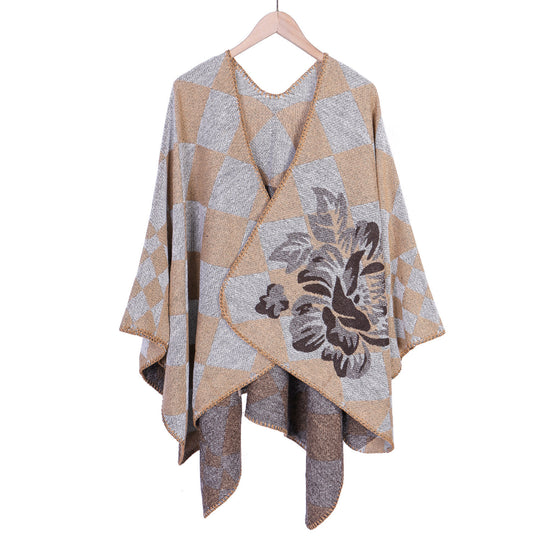 Damen Oversize-Ruana im Jacquard mit Karomuster und floralem Allover Shop Nory