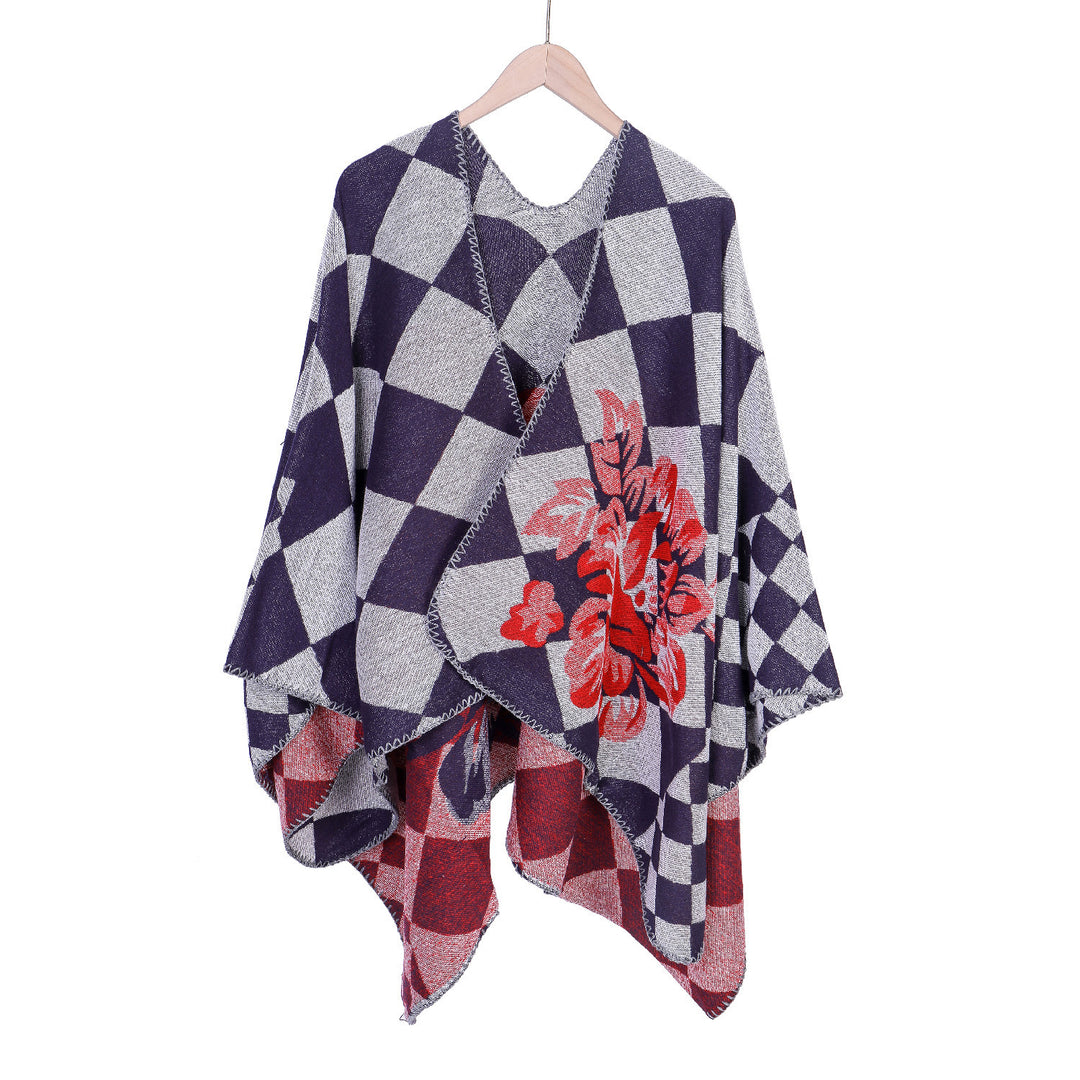 Damen Oversize-Ruana im Jacquard mit Karomuster und floralem Allover Shop Nory