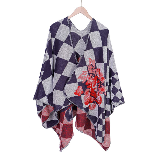 Damen Oversize-Ruana im Jacquard mit Karomuster und floralem Allover Shop Nory