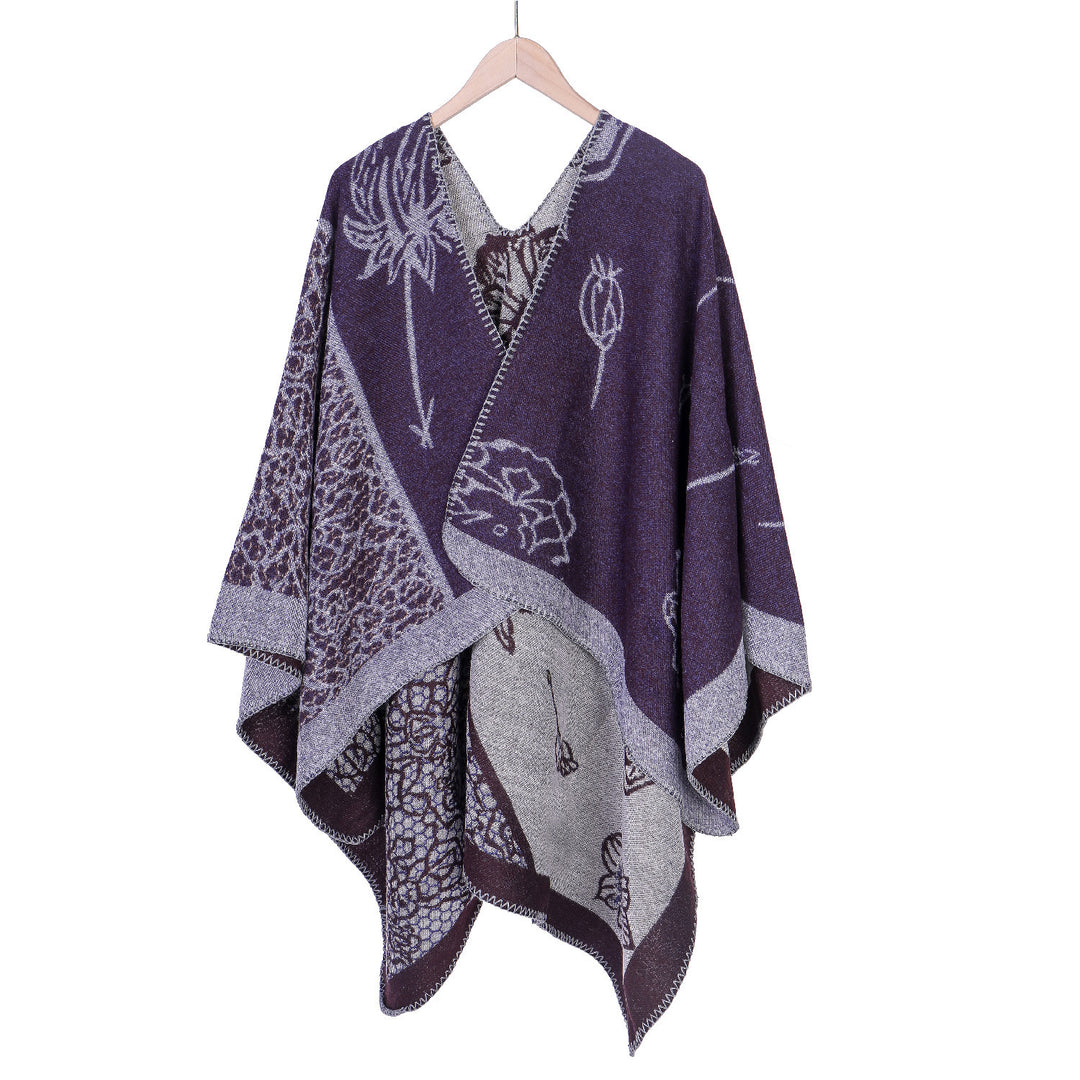 Damen Jacquard-Ruana-Poncho mit V-Ausschnitt und großen floralen & ethnischen Motiven Shop Nory