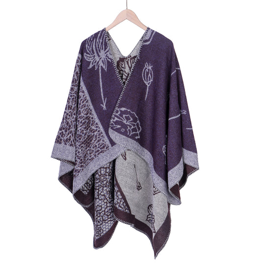 Damen Jacquard-Ruana-Poncho mit V-Ausschnitt und großen floralen & ethnischen Motiven Shop Nory