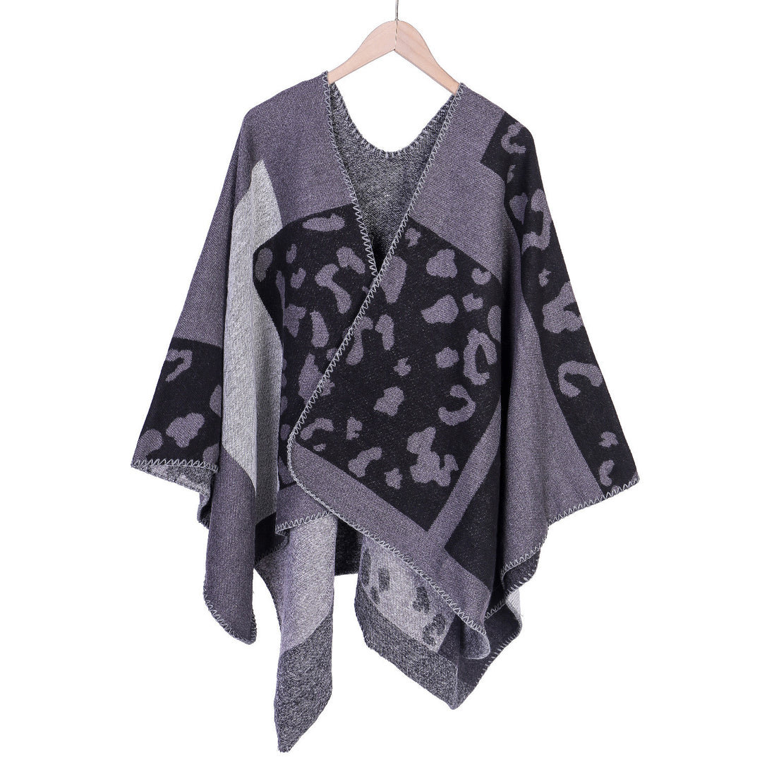 Damen Oversize-Ruana-Poncho aus Wollmix mit Jacquard-Leopardenmuster und offener Vorderseite Shop Nory