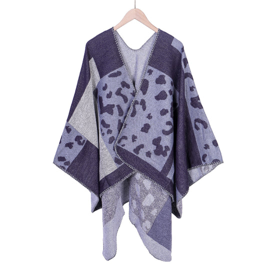 Damen Oversize-Ruana-Poncho aus Wollmix mit Jacquard-Leopardenmuster und offener Vorderseite Shop Nory