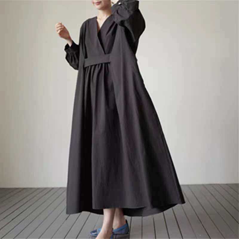 Damen Voluminöses Midaxi‑Kleid mit tiefem V‑Ausschnitt, verstärkter Taillenpasse und Glockenrock Shop Nory