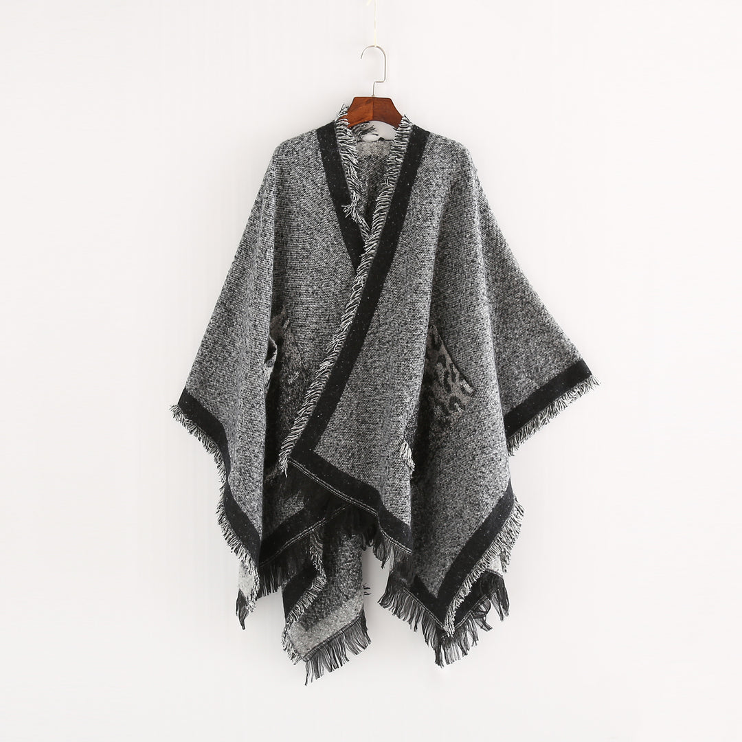 Damen Oversize-Ruana-Poncho im wolligen Mix mit Fransen und Kontrastkante Shop Nory