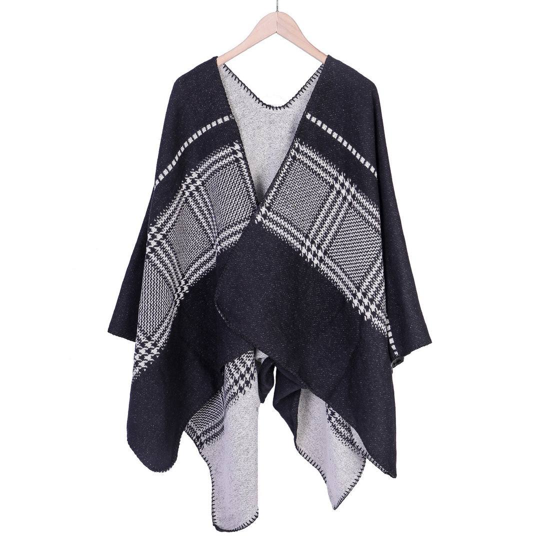 Damen Jacquard-Wollmix-Ruana mit offenem Kimono-Fall und dekorativer Kettelnaht Shop Nory