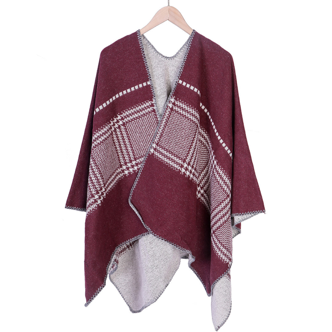 Damen Jacquard-Wollmix-Ruana mit offenem Kimono-Fall und dekorativer Kettelnaht Shop Nory