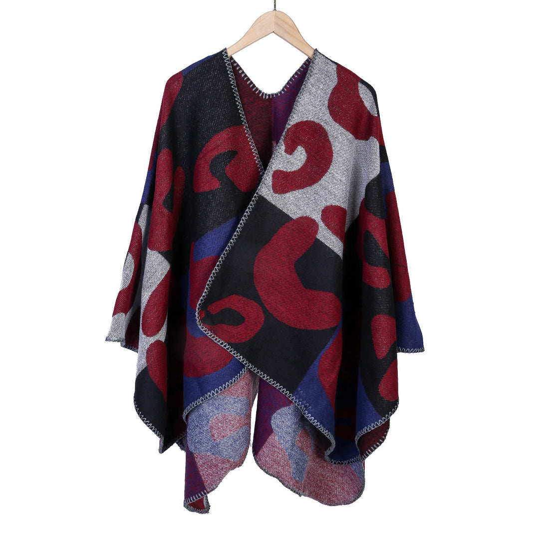 Damen Oversize-Ruana mit abstraktem Grafikjacquard und dekorativer Kettelnaht Shop Nory