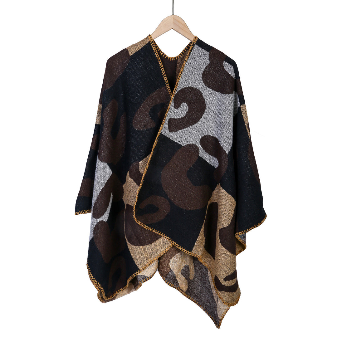 Damen Oversize-Ruana mit abstraktem Grafikjacquard und dekorativer Kettelnaht Shop Nory