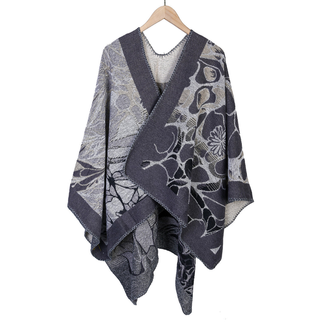 Damen Jacquard-Ruana-Poncho mit kontrastiertem Schalkragen und asymmetrischem Zipfelrand Shop Nory