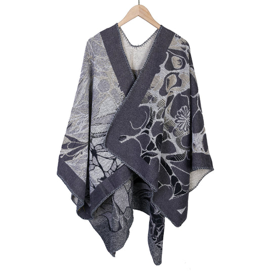 Damen Jacquard-Ruana-Poncho mit kontrastiertem Schalkragen und asymmetrischem Zipfelrand Shop Nory