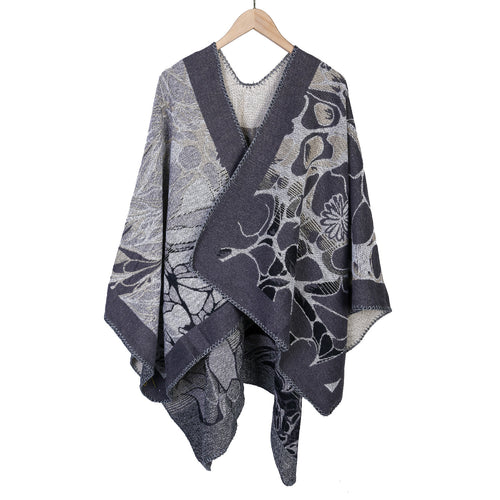 Damen Jacquard-Ruana-Poncho mit kontrastiertem Schalkragen und asymmetrischem Zipfelrand Shop Nory