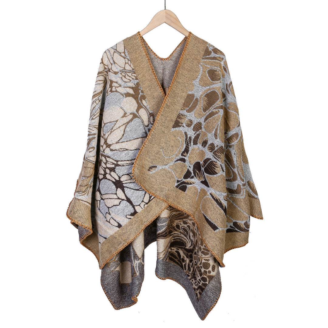 Damen Jacquard-Ruana-Poncho mit kontrastiertem Schalkragen und asymmetrischem Zipfelrand Shop Nory