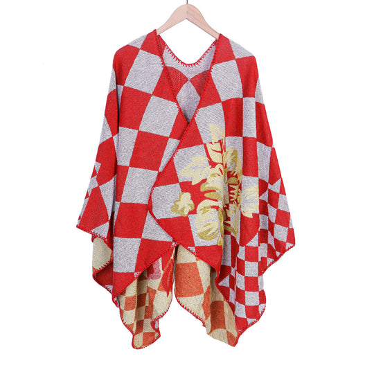 Damen Oversize-Ruana im Jacquard mit Karomuster und floralem Allover Shop Nory