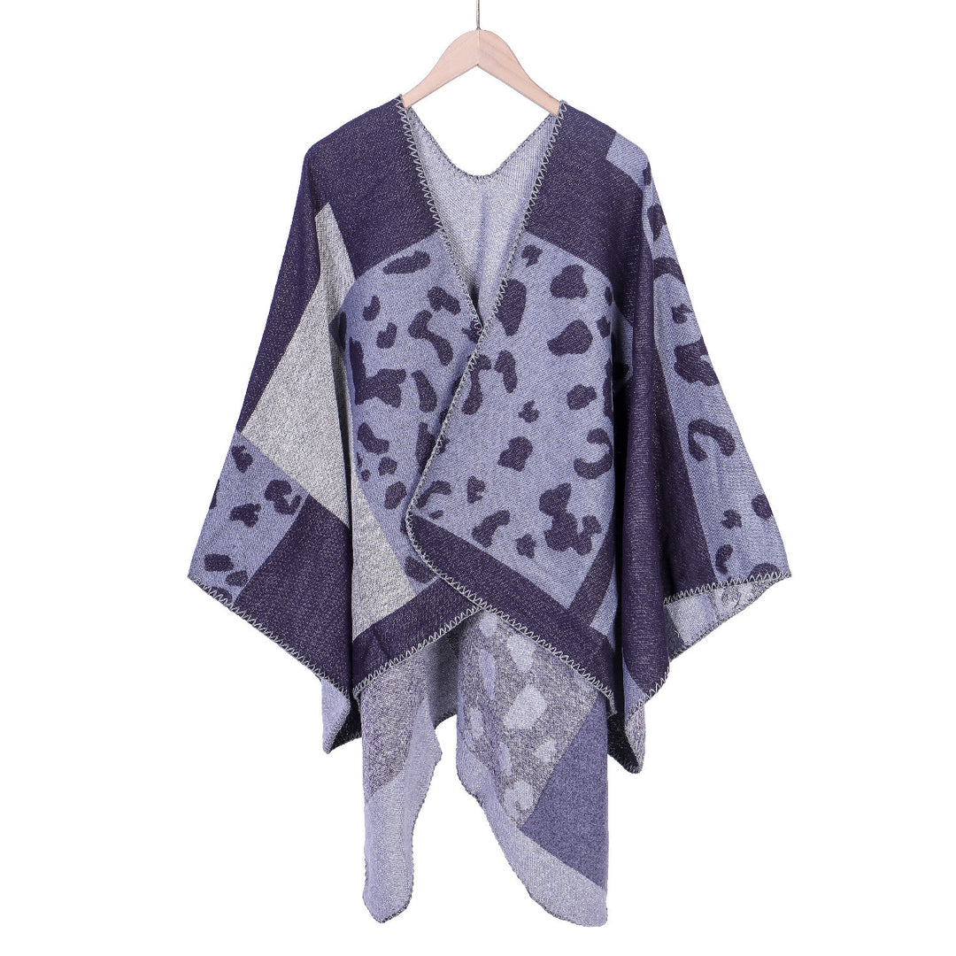 Damen Oversize-Ruana-Poncho aus Wollmix mit Jacquard-Leopardenmuster und offener Vorderseite Shop Nory