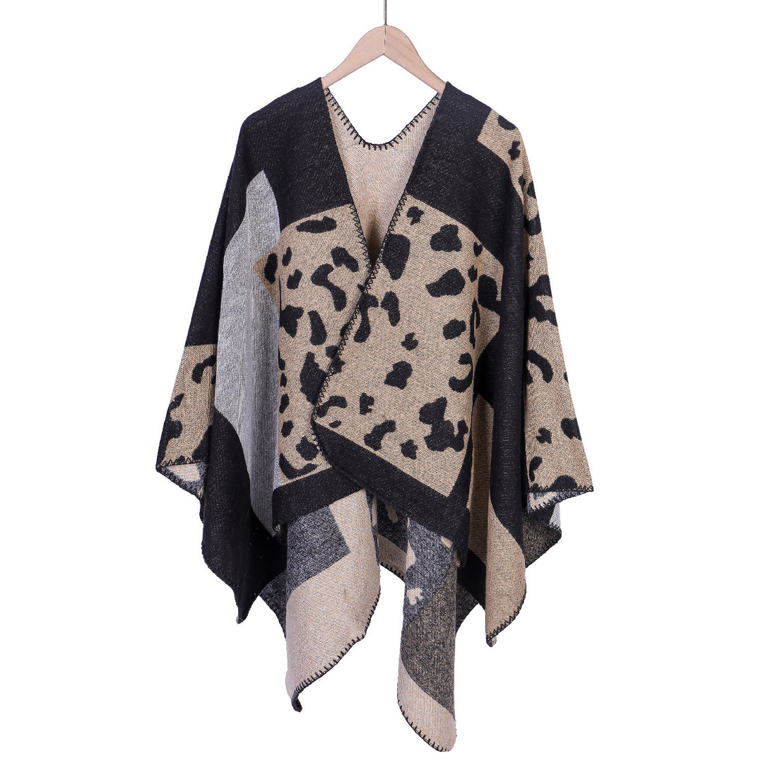 Damen Oversize-Ruana-Poncho aus Wollmix mit Jacquard-Leopardenmuster und offener Vorderseite Shop Nory