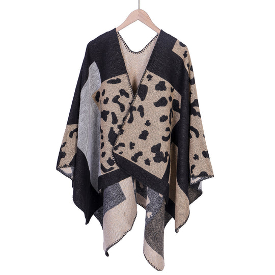 Damen Oversize-Ruana-Poncho aus Wollmix mit Jacquard-Leopardenmuster und offener Vorderseite Shop Nory