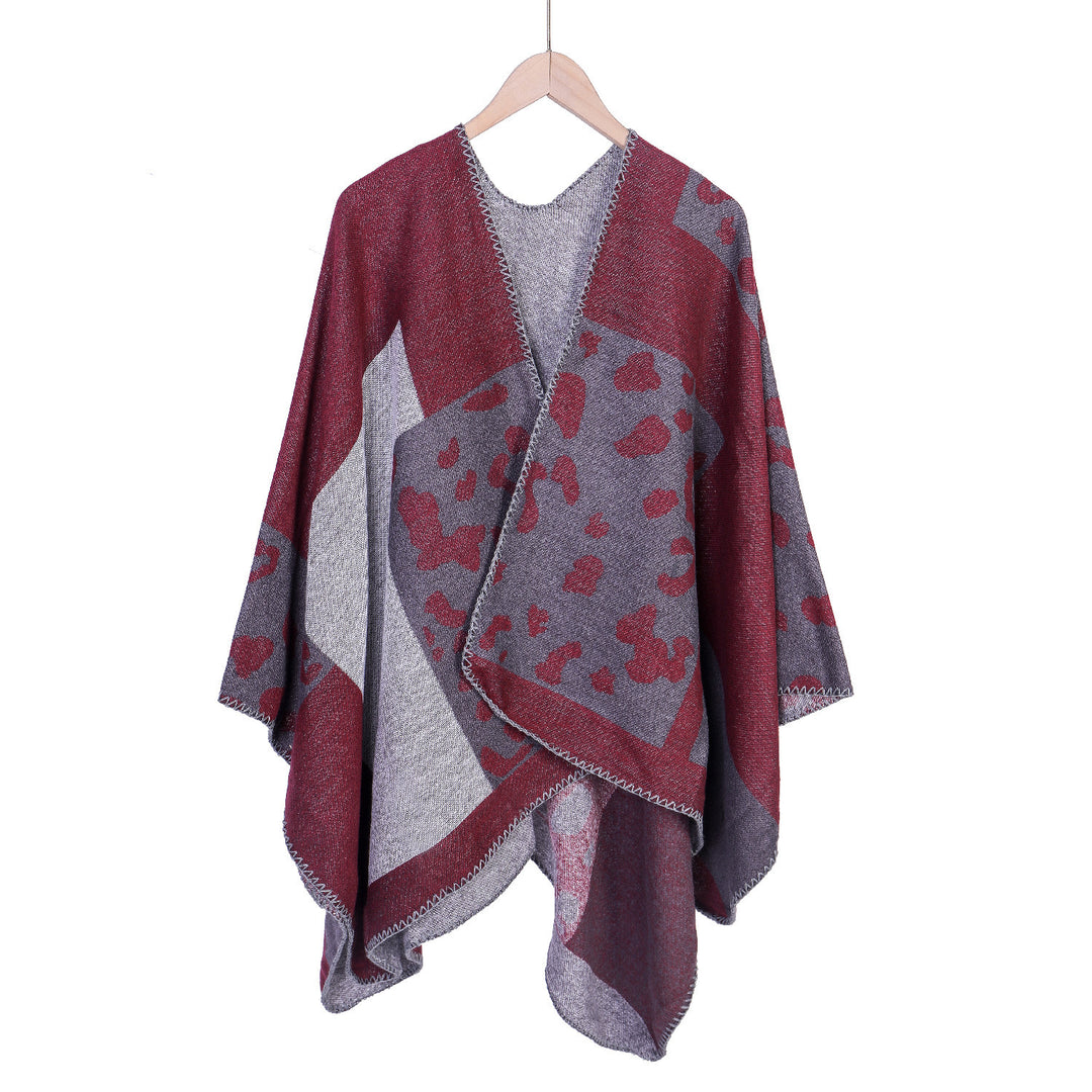 Damen Oversize-Ruana-Poncho aus Wollmix mit Jacquard-Leopardenmuster und offener Vorderseite Shop Nory