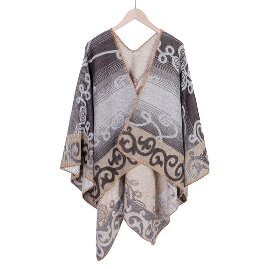 Damen Jacquard‑Ruana‑Poncho aus Wollmix mit asymmetrischem Zipfelsaum Shop Nory