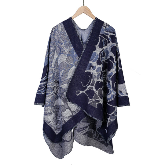 Damen Jacquard-Ruana-Poncho mit kontrastiertem Schalkragen und asymmetrischem Zipfelrand Shop Nory
