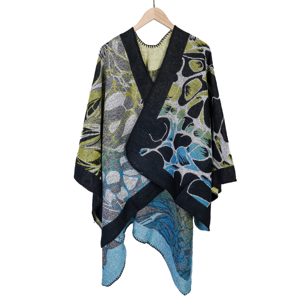Damen Jacquard-Ruana-Poncho mit kontrastiertem Schalkragen und asymmetrischem Zipfelrand Shop Nory