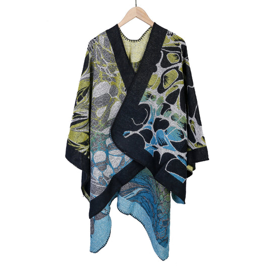 Damen Jacquard-Ruana-Poncho mit kontrastiertem Schalkragen und asymmetrischem Zipfelrand Shop Nory