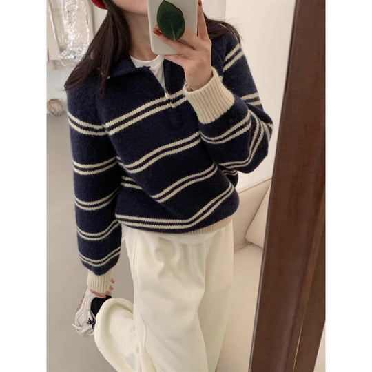 Damen-Strickpullover mit Reißverschluss und Streifenmuster