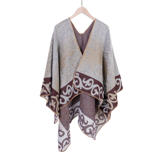Damen Jacquard‑Ruana‑Poncho aus Wollmix mit asymmetrischem Zipfelsaum Shop Nory