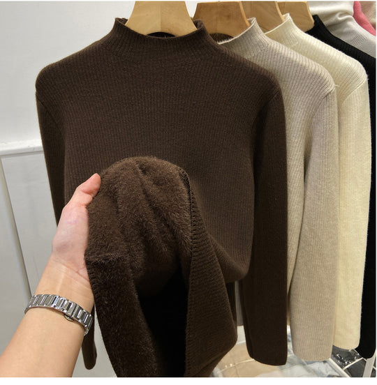 Damen-Strickpullover, gefüttert, Stehkragen, warm