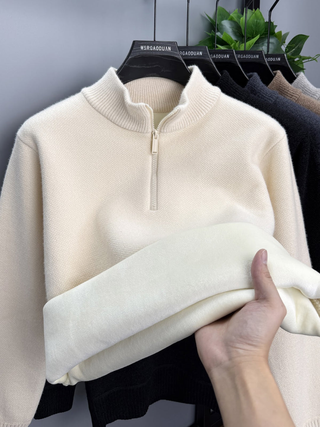 Herren-Pullover mit Reißverschluss, gefüttert, Stehkragen