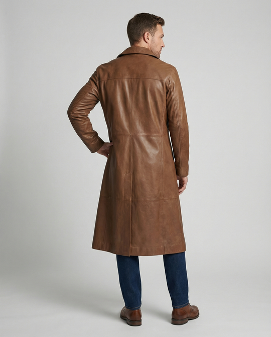 Damen Lang geschnittener Ledermantel mit Klassischem Revers
