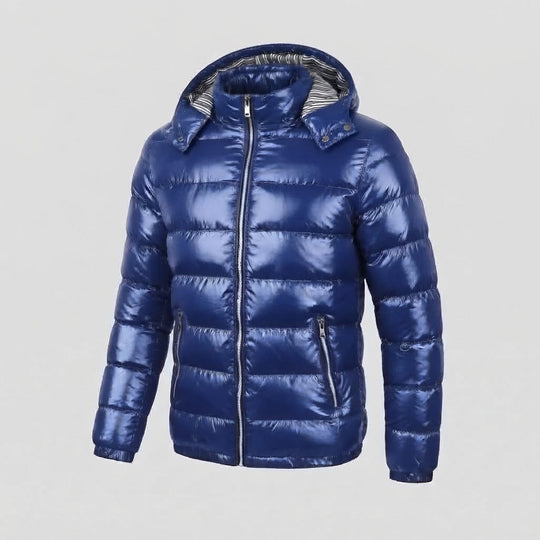 Herren Glänzende Steppjacke mit Kapuze, Gestreiftem Innenfutter & Kontrastreißverschlüssen Shop Nory