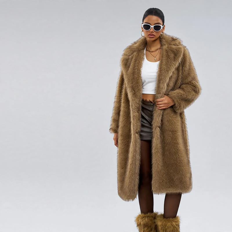 Langer Damen-Kunstpelzmantel mit Reverskragen