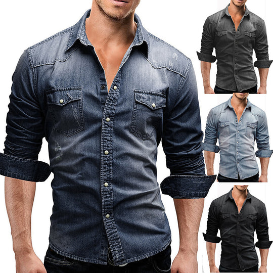 Herren locker geschnittenes Jeansstoff-Overshirt mit Pattentaschen und abgerundetem Saum Shop Nory