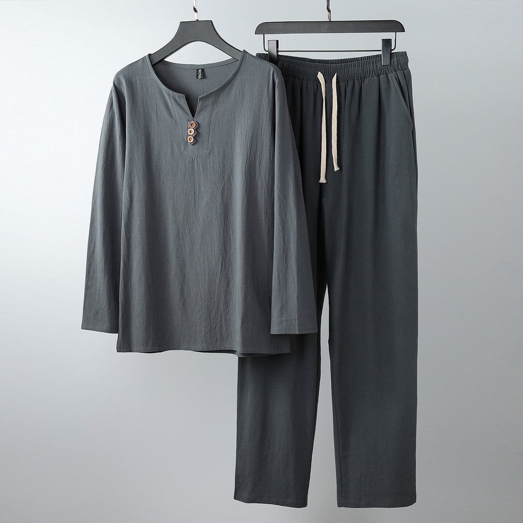 Damen Komfortables Baumwoll-Loungewear-Set mit Henley-Ausschnitt und Kordelbundhose Shop Nory