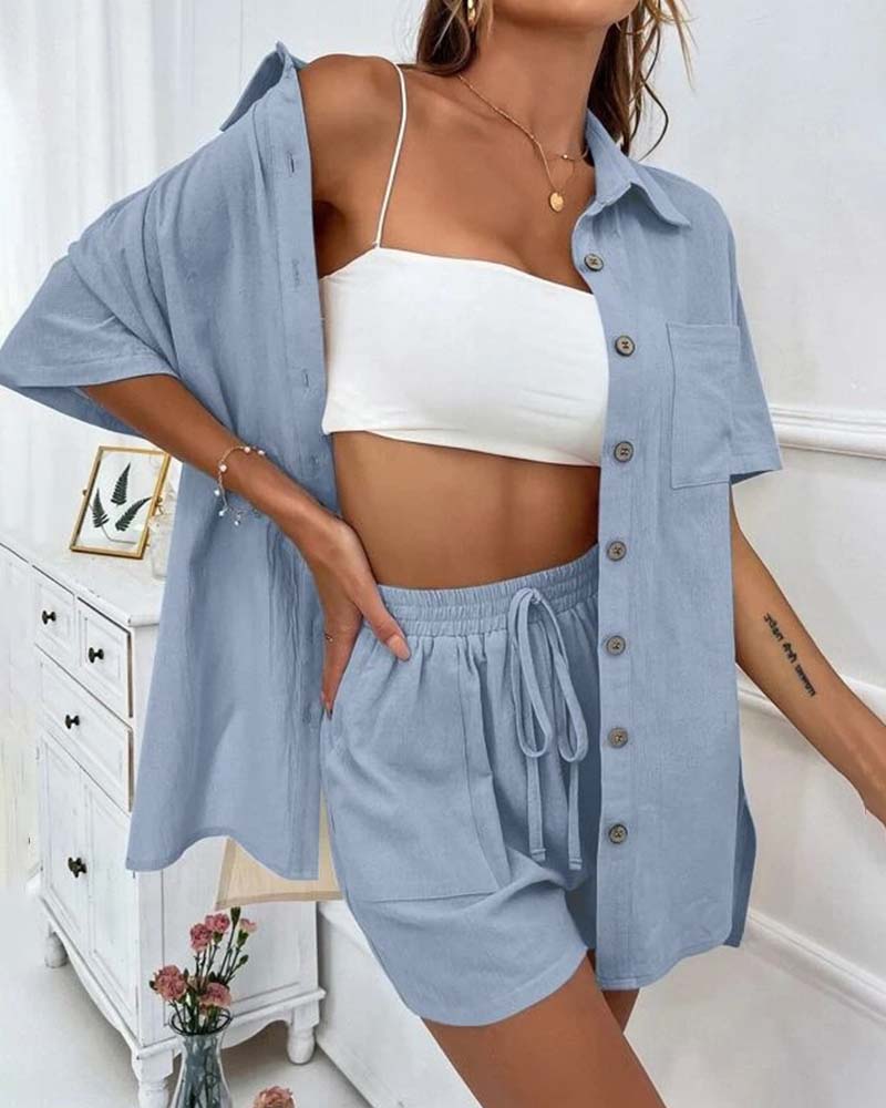 Lässiges Set Aus Einfarbigem Hemd und Shorts