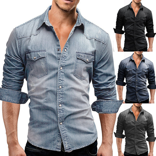 Herren locker geschnittenes Jeansstoff-Overshirt mit Pattentaschen und abgerundetem Saum Shop Nory