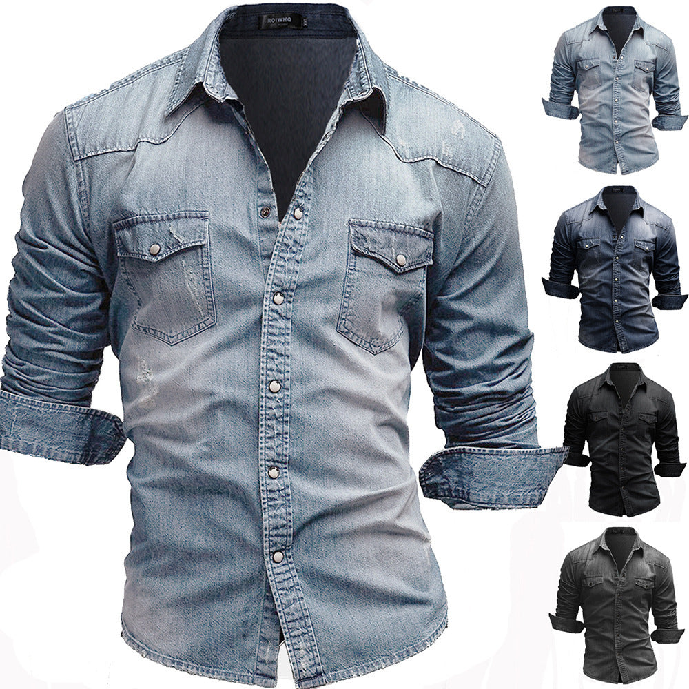 Herren locker geschnittenes Jeansstoff-Overshirt mit Pattentaschen und abgerundetem Saum Shop Nory