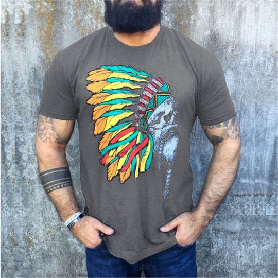 Herren T-Shirt mit auffälligem Totenkopf- und Federschmuck-Print Shop Nory