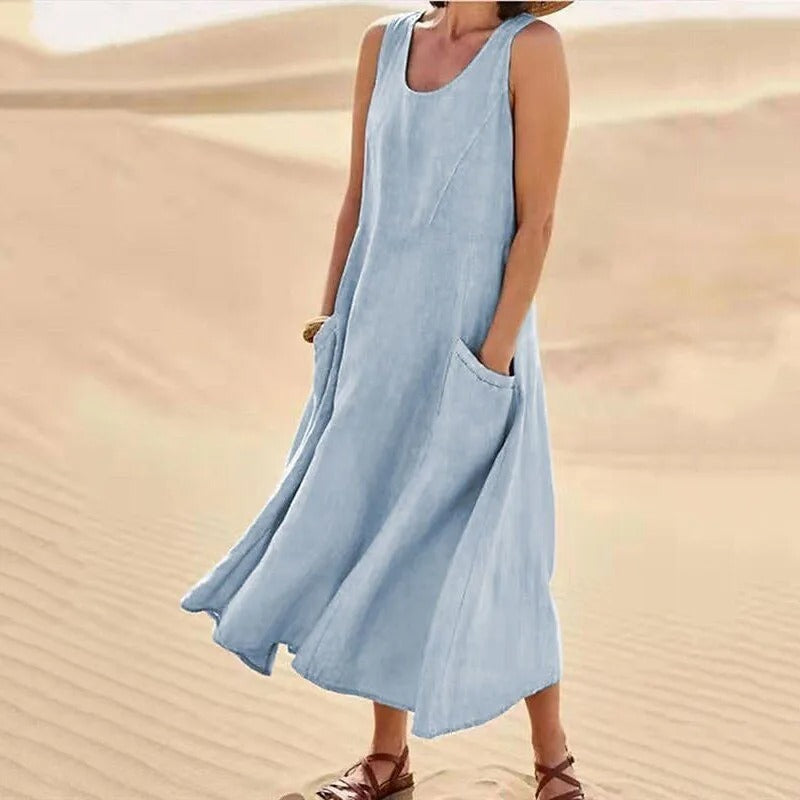 Leinen-Baumwoll-Ärmelloses Kleid für Frauen