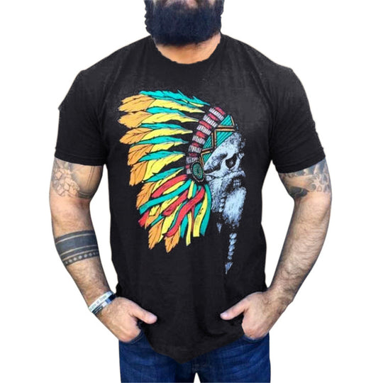 Herren T-Shirt mit auffälligem Totenkopf- und Federschmuck-Print Shop Nory
